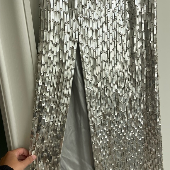 CD Greene Silver Faux Leather detailed halter gown with slit - Picture 4 of 8